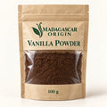 Madagascar Origin Vanilla Powder 100 g in a kraft-paper sachet with a transparent front showing the powder - packaging mockup