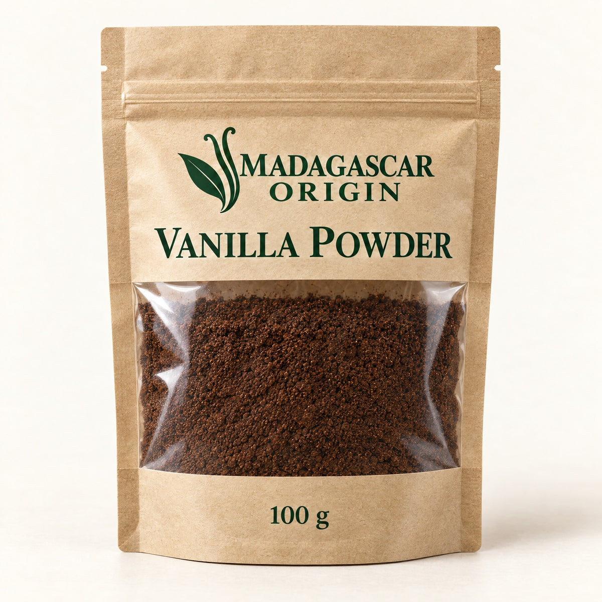 Madagascar Origin Vanilla Powder 100 g in a kraft-paper sachet with a transparent front showing the powder - packaging mockup