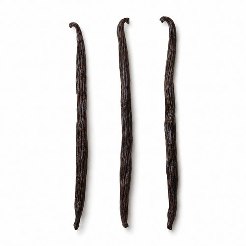 Three whole Madagascar vanilla beans on a white background
