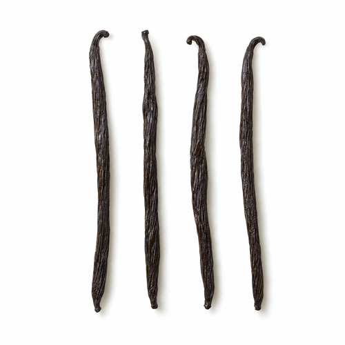 Four whole Madagascar vanilla beans on a white background