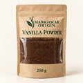 Madagascar Origin Vanilla Powder 250 g in a kraft-paper sachet with a transparent front showing the powder - packaging mockup