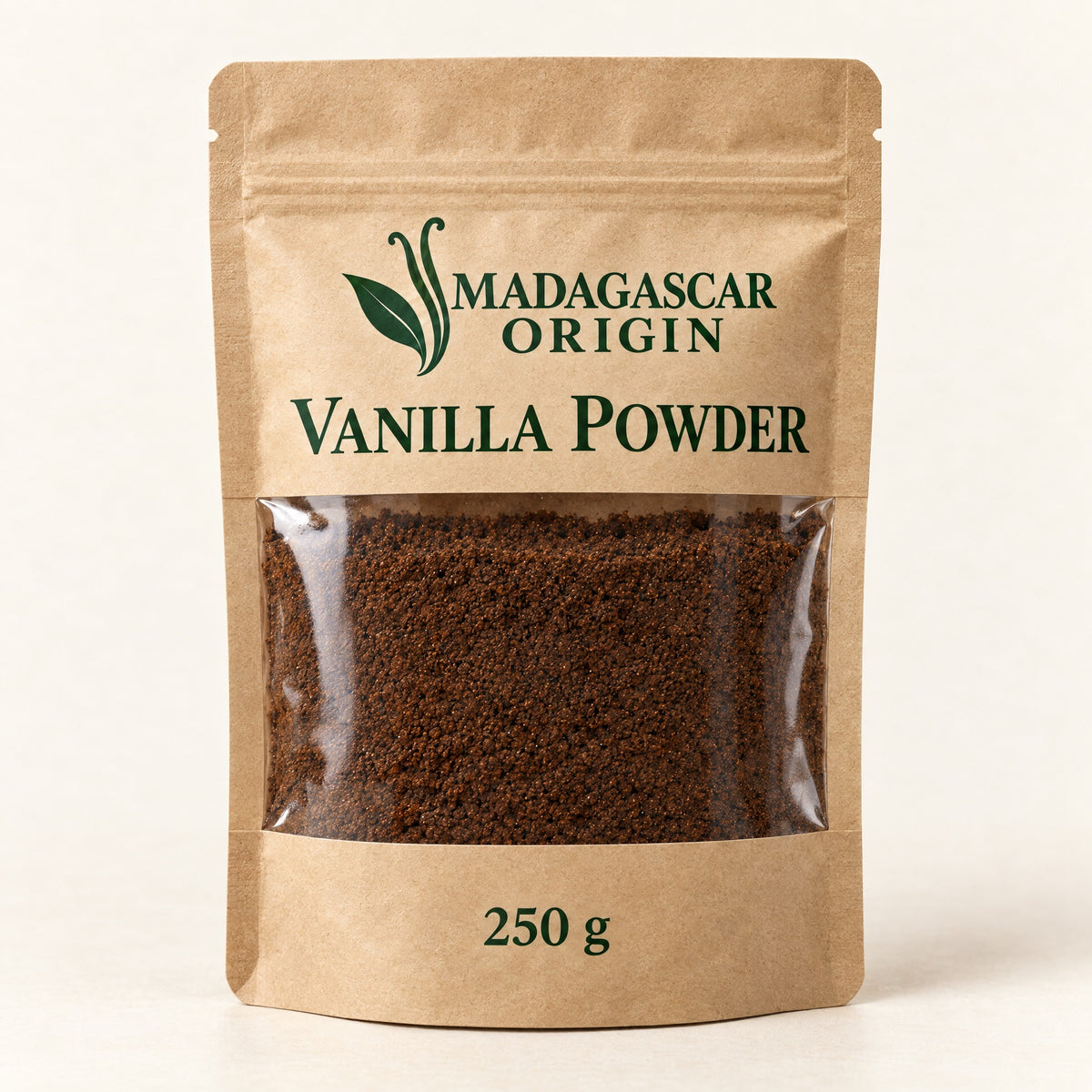 Madagascar Origin Vanilla Powder 250 g in a kraft-paper sachet with a transparent front showing the powder - packaging mockup