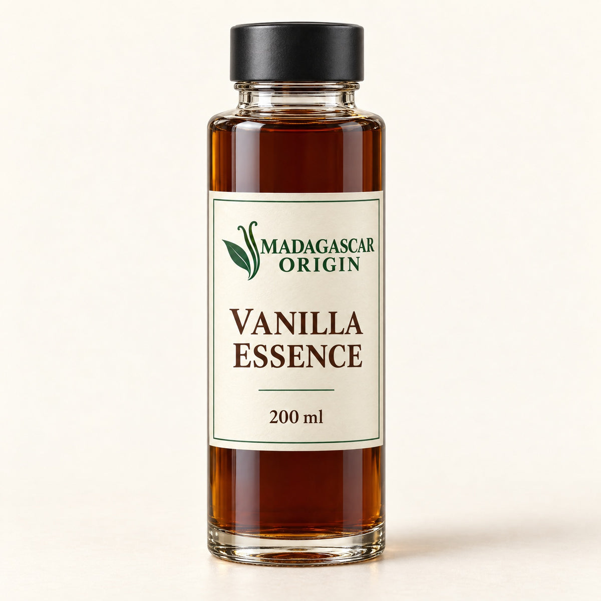 Madagascar Origin Vanilla Essence 200 ml in a glass tube with an ivory label and black cap - packaging mockup