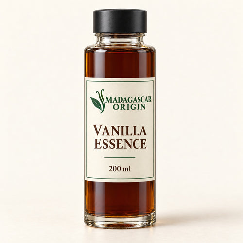 Madagascar Origin Vanilla Essence 200 ml in a glass tube with an ivory label and black cap - packaging mockup
